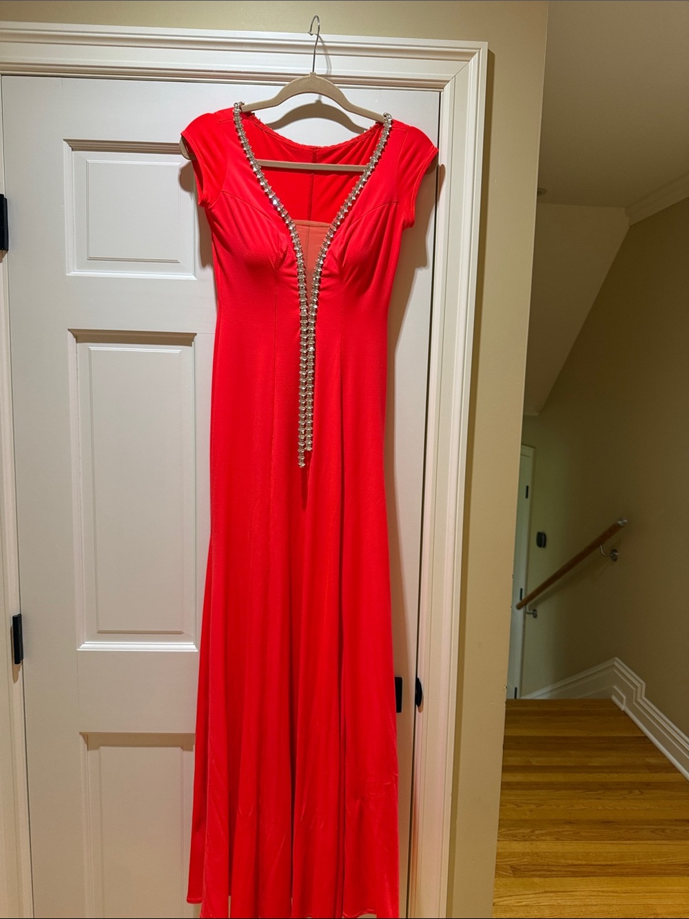 Red Evening Maxi Dress with Embellished V-Neck